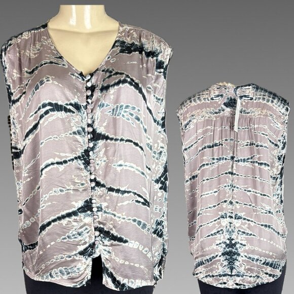 Young Fabulous & Broke L Satin Amethyst Ikat V-Neckline Button Sleeveless Blouse - Picture 1 of 6
